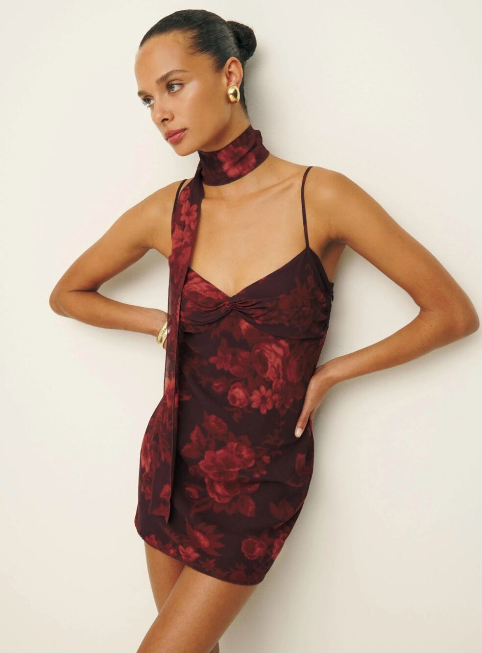 Reformation Iryna Burgundy Floral Mini Dress With Necktie Women's Size 2